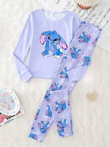 少女睡衣套装，贴身两件套 - 浅紫色蓝色史迪奇睡衣，温度变色史迪奇兔子印花圆领设计，浅紫色蓝色可爱史迪奇配色，保暖舒适面料，长袖圆领上衣+裤子，史迪奇兔子组合，社交媒体风格，可爱史迪奇春夏秋冬假日必备少女居家套装，儿童女孩睡衣，少女睡衣套装 - 淡紫色 - 查看 3