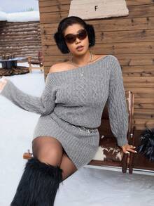 SHEIN EZwear Váy len dệt kim màu xám họa tiết hoa hở vai cỡ lớn, thu/đông - Xám - Xem 3