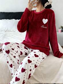Teen Girl Pajamas, Teens Autumn/Winter Long Sleeve & Pants Set, Sweet Burgundy Velvet Fabric With Heart Embroidery & All-Over Heart Print Elegant Loungewear Teen Girls Heart Print Sleepwear - Red - View 7