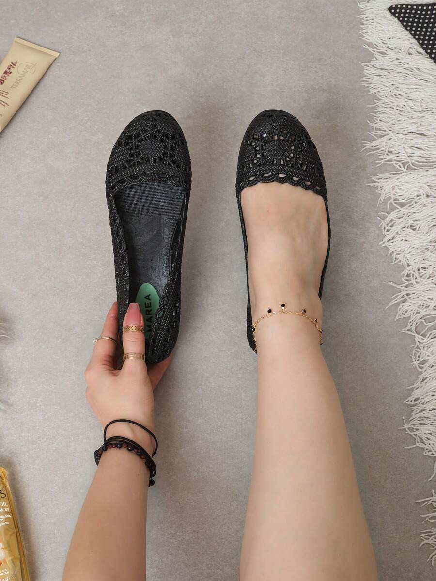 Balerina calada, balerina crochet, zapato ligero mujer, balerina cómoda, calzado flexible, balerina casual, zapato ventilado, balerina verano, balerina goma, zapato práctico mujer - Negro - Ver 1