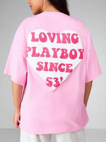 Missguided x Playboy Oversized Graphic Heart Print Short Sleeve Crew Neck Cotton Casual Statement Tee Shirt - Pink - View 1