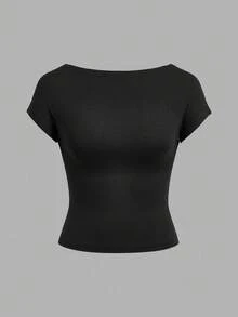 SHEIN EZwear Bộ 3 áo thun nữ cổ tròn tay ngắn hở lưng màu đen, trắng, đỏ tía, tối giản, phù hợp cho mùa hè - Nhiều màu - Xem 9