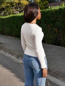 Yess Loren Damen Einfarbiges Rundhals Langarm Lässig Vielseitiges T-Shirt - Khaki - Übersicht 5