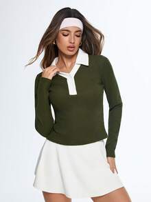 SHEIN Dewbera Women's Olive Green Contrast Collar Ribbed Polo Shirt, Minimalist Retro Style, Long Sleeve Athleisure Top - Dark Green - View 5