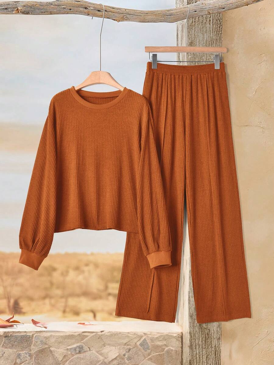 Rusticease 2pcs Women Casual Ribbed Long Sleeve Top & Pants Set 2 Piece Casual Sets Woman Elegant Women's Sets