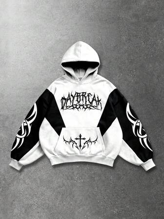 Street Life Sudadera con capucha casual holgada de manga larga con bolsillo y estampado de letras góticas de color contrastante para hombres