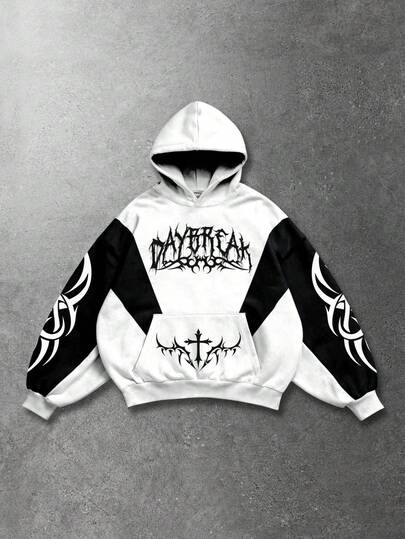 Street Life بلوزة هوديي كاجوال فضفاضة بأكمام طويلة وجيب، طباعة حرفية جوتيك بتباين لوني للرجال