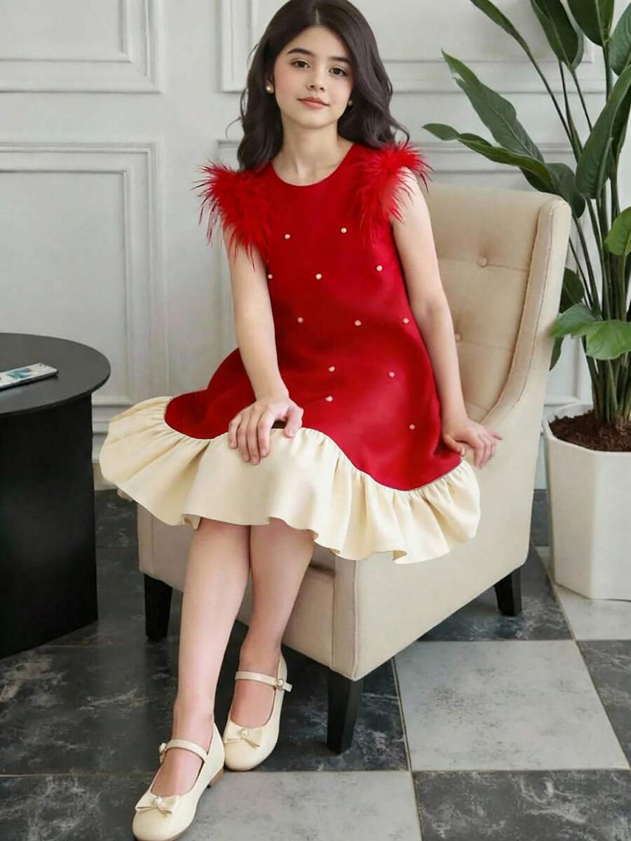 少女款无袖A字公主露背吊带连衣裙,饰以仿珍珠,法式下摆,适合家庭聚会和日常穿着,冬季款 - 紅色 - 查看 1