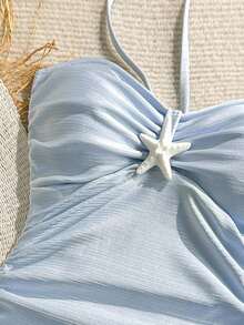 Soleia 大码女式夏季沙滩度假风纯色仿海星装饰褶皱扭结前片连体泳衣