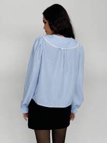 Siren Gaze Women's Front Button Long Sleeve Solid Color Patchwork Casual Blouse Winter Spring - Blue and White - View 4