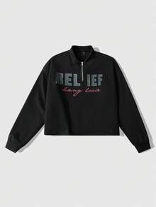 ROMWE MEN Street Life Men's Everyday Commute Letter Print Drop Shoulder Loose Half-Zip Collared Short Sweatshirt, Spring/Autumn - Multicolor - View 1