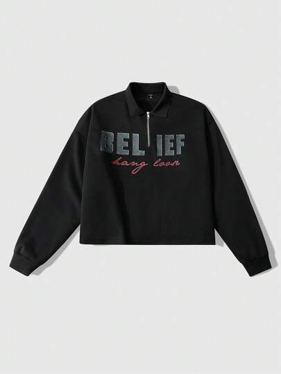 Street Life هودي قصير بياقة وسحاب نصفي، طباعة حرفية، كاجوال للحياة اليومية والتنقل، كتف منخفض، فضفاض، للربيع/الخريف