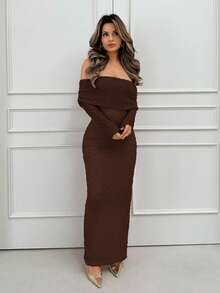 Jemour Apricot Open Shoulder Textured Knit Fabric Long Sleeve Fitted Dress, Suitable For Romantic Dates And Vacations - Coffee Brown - View 6