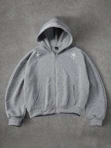 PAVTROS 男士字母印花口袋连帽拉链长袖卫衣，男士街头服饰，宽松版型，品牌，“我爱我的男朋友”，图案，男朋友，男士休闲运动短款拉链连帽衫，灰色，秋季 - 淺灰色 - 查看 1