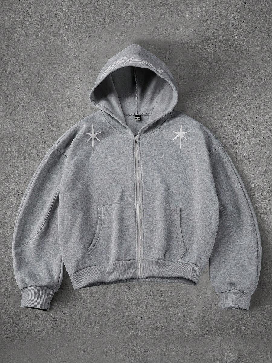 PAVTROS 男士字母印花口袋连帽拉链长袖卫衣，男士街头服饰，宽松版型，品牌，“我爱我的男朋友”，图案，男朋友，男士休闲运动短款拉链连帽衫，灰色，秋季 - 淺灰色 - 查看 1