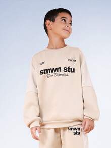 SUMWON Boys Casual Crew Neck Sweatshirt And Joggers Coordinated Set With Hood Vacation - Apricot - View 3