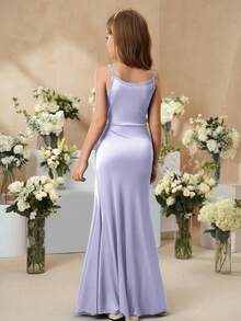 SHEIN 女童优雅简约时尚无袖高腰连衣裙，纯色缎面亮面面料，高端花童连衣裙，紫色，适合毕业、派对、婚礼 - 淡紫色 - 查看 2