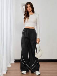 SHEIN Tall Damen Lässig Hose mit Kordelzug, hoher Taille und weitem Bein - Schwarz - Übersicht 7
