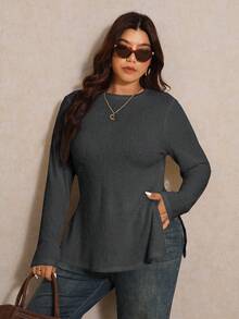 Elaquor Plus Size Women's Solid Color Round Neck Casual Side Slit Long Sleeve T-Shirt For Spring - Dark Grey - View 3
