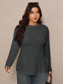Elaquor Plus Size Women's Solid Color Round Neck Casual Side Slit Long Sleeve T-Shirt For Spring - Dark Grey - View 6