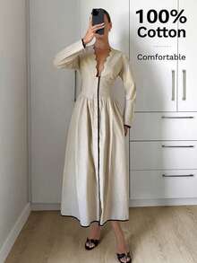 Siren Gaze 女士纯棉长袖连衣裙，休闲度假连衣裙，V领A字长裙，女士休闲装，女士沙滩裙，女士优雅连衣裙，秋季女士连衣裙，女士亚麻服装 - 杏色 - 查看 4