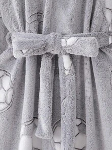 Men's Gray Base New Simple Fashion Casual Football Fleece Print Long Sleeve Long Hooded Belted Robe, Fall Winter, Fluffy, Cozy - Grey - View 5