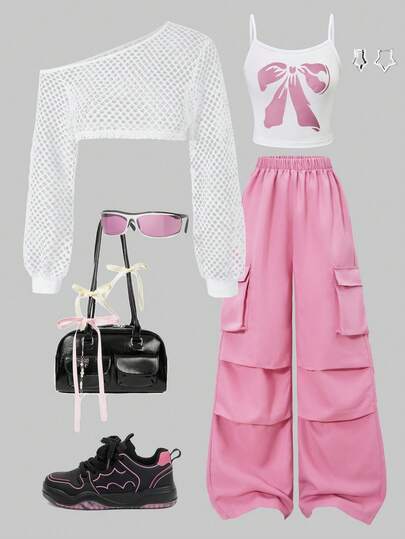 SHEIN Conjunto de 3 piezas de camiseta de punto, tirantes y pantalones de pierna ancha casual y cómodo, adecuado para deportes al aire libre, ocio y uso diario, diseño de hombros oblicuos para adolescentes