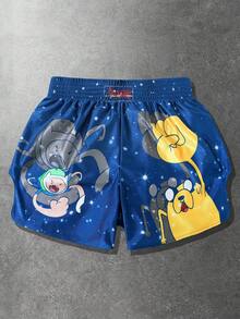 ROMWE MEN Adventure Time X ROMWE Spring/Summer Casual Graphic Men'S Casual Cute Cartoon Pattern Elastic Waist Boxing Shorts, Summer - Blue - View 3