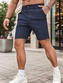 Manfinity Homme Men's Solid Color Pocket Casual Slim Fit Shorts, Summer Navy Blue Shorts - Navy Blue - View 1