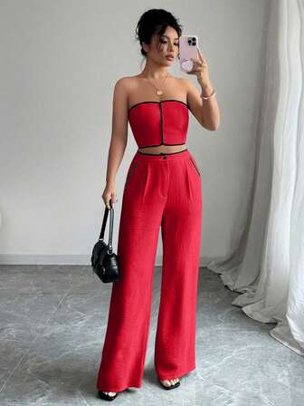 Rafferiza Women's Cropped Bandeau Top And Pleated Wide Leg Pants Fashion 2 Pieces Set