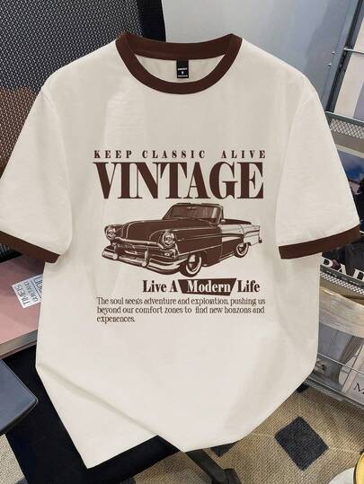 Manfinity Joysei Men's Brown Cuff Splice Car Slogan Print T-Shirt