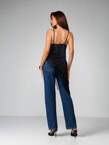 MISSGUIDED Asymmetric Lace Trim Satin Cami Top V Neck Sleeveless Blouse Elegant Evening Dressy Occasion Party Night Formal Summer Spring - Black - View 2