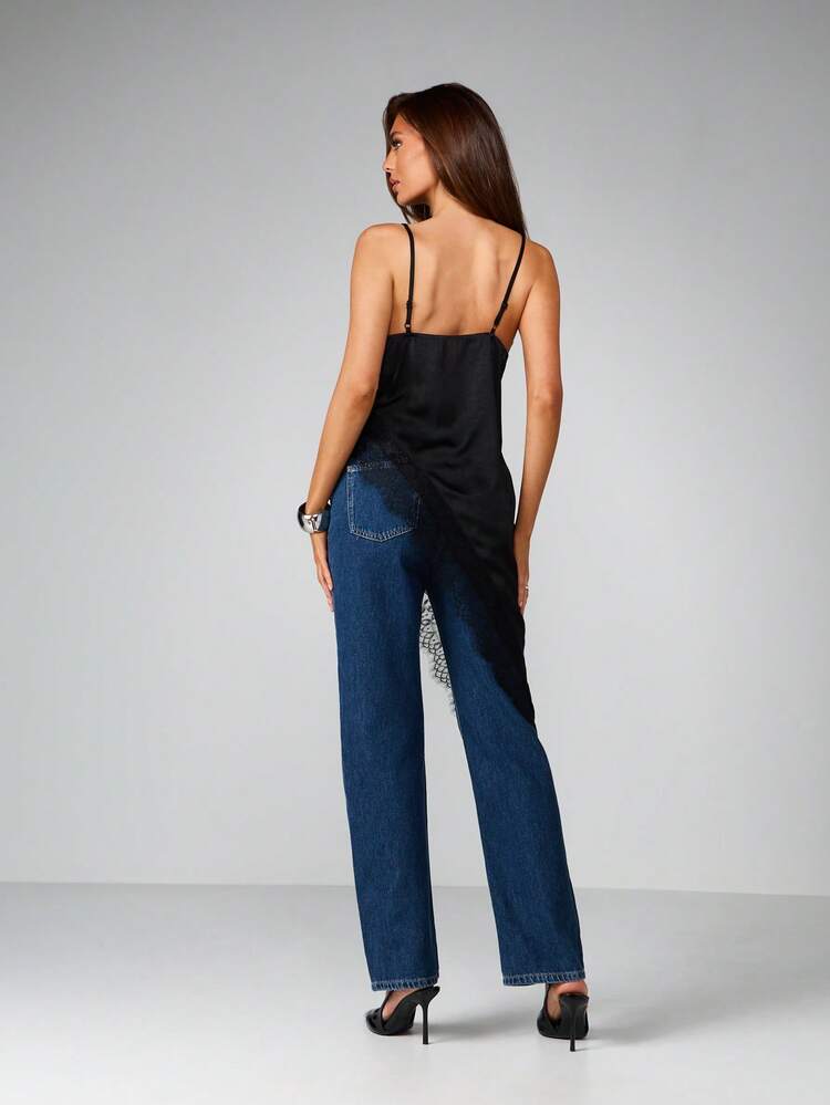 MISSGUIDED Asymmetric Lace Trim Satin Cami Top V Neck Sleeveless Blouse Elegant Evening Dressy Occasion Party Night Formal Summer Spring