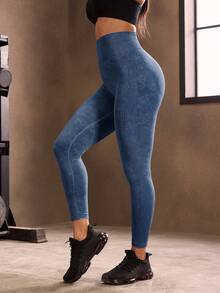 Powerista 女款扎染收腹运动紧身裤瑜伽裤 - 藍色 - 查看 5