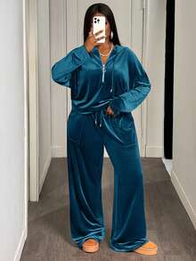 Slaydiva Bộ đồ thể thao thường ngày và mặc nhà màu nâu trơn, dáng rộng, vai rớt, gồm áo hoodie và quần dài ống rộng có túi, chất liệu nhung, dành cho nữ cỡ lớn, gồm 2 món. - Màu xanh lam - Xem 4