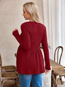 SHEIN 休闲长袖针织蕾丝U领修身孕妇上衣 - 酒紅色 - 查看 2