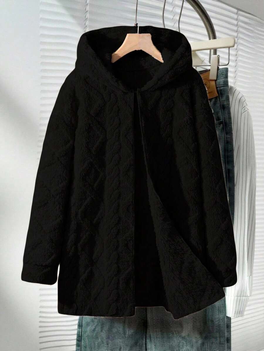 Tween Girls Casual All-Match Versatile Daily School Cable Knit Striped Fuzzy Collar Open Front Mid-Length Autumn/Winter Jacket - Black - View 1