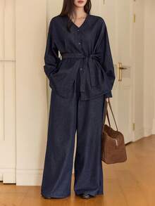 Dazy-Less 女士休闲纯色纽扣牛仔上衣和阔腿牛仔裤套装，秋季商务休闲女装 - 藍色 - 查看 6