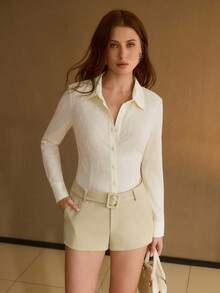 MOTF PREMIUM SHORT FEMME DE COULEUR UNIE À TAILLE BASSE AVEC BOUCLE ET CEINTURE, AUTOMNE/HIVER - Kaki - Voir 7
