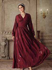 Anewsta Elegant Sequined Chiffon Long Sleeve Dress, Burgundy, High-End, Suitable For Parties, Banquets And Dates, Flattering Waistline, Long Length, For Women - Burgundy - View 3
