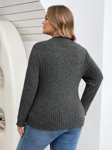 SHEIN CURVE+ 大码女式黑色高领长袖T恤，秋季基础款上衣 - 深灰色 - 查看 2