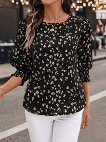Solivie 女士休闲全印花褶皱袖口衬衫、七分袖上衣 - 黑色 - 查看 5