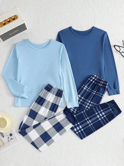 Genkimix Kids 4pcs Boy Pajamas Set, Long Sleeve Top With Contrast Cuffs & Pants With Plaid Pattern, Comfortable Fit, Stretchy & Machine Washable, Minimalist Design For Easy Matching (2 Sets Sold Separately)