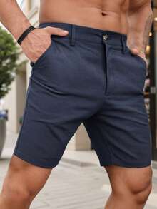 Manfinity Homme Men's Solid Color Pocket Casual Slim Fit Shorts, Summer Navy Blue Shorts - Navy Blue - View 4