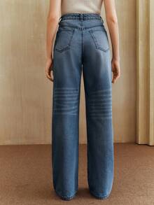 Anewsta Fashionable Embroidered Blue Denim Straight Leg Pants - Blue - View 2