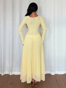 Elenzga Damen Große Größen V-Ausschnitt Dekorativ Knopf Einfarbig Überschneidung Plissee Saum Kleid - Gelb - Übersicht 2