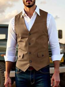 Manfinity Nomadique Men's Coffee Brown Casual Vest, Made Of Solid-Colored Suede Fabric, Suitable For Daily Commute And Activities, Also An Ideal Gift For Friends, Boyfriends, And Husbands. Mens Cowboy Outfits Mens Western Wear Rodeo Outfits For Men Western Vest Western Vest For Men Christmas Outfits Mens Vest For Men