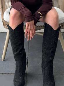 Jeta Ari Giày bốt cao gót mũi nhọn đính đá thời trang thanh lịch cho nữ - màu đen - Xem 3