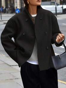 Easura Plus Size European And American New Arrival Solid Color Vintage Double-Breasted Overcoat, V-Neck Commuter Women's Clothing, Overcoat Winter Fall Autumn Brown Jacket Cropped Jacket