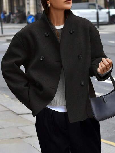 Easura Plus Size European And American New Arrival Solid Color Vintage Double-Breasted Overcoat, V-Neck Commuter Women's Clothing, Overcoat Winter Fall Autumn Brown Jacket Cropped Jacket